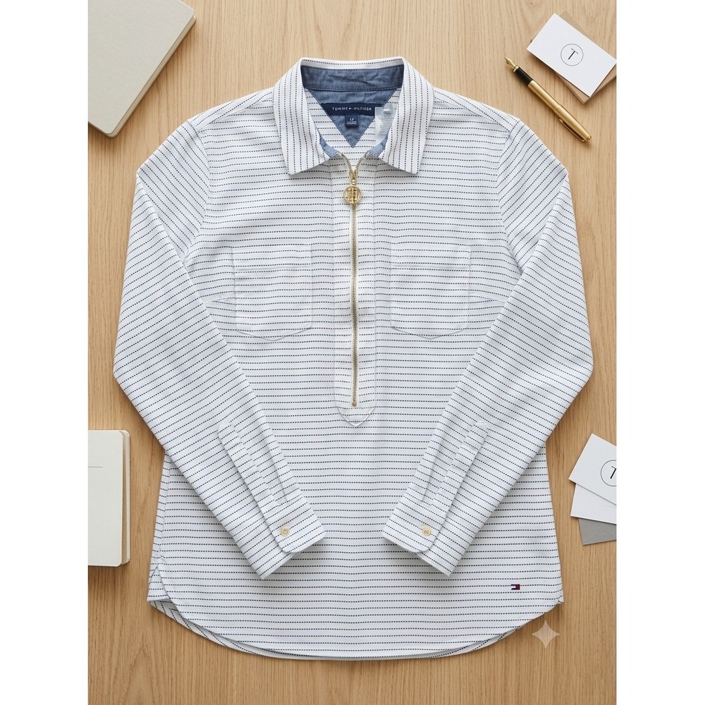Tommy Hilfiger Womens White Navy Striped Quarter Zip Pullover Top Small
